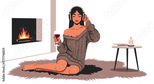 Flat vector of woman relaxing on rug with wine and headphones, winter night cozy personal time