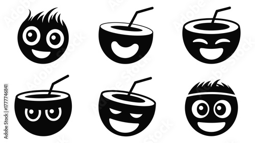 Vector Collection of coconut characters, featuring smiling faces and straw, perfect for summer themes, tropical designs, and beverage illustrations