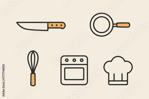 Collection of simple flat design kitchen icons including a chef hat oven whisk knife and frying pan on a light background