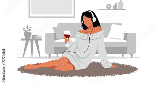 Flat vector of woman relaxing on rug with wine and headphones, winter night cozy personal time