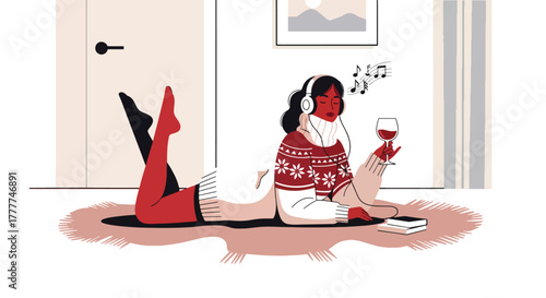 Flat vector of woman relaxing on rug with wine and headphones, winter night cozy personal time