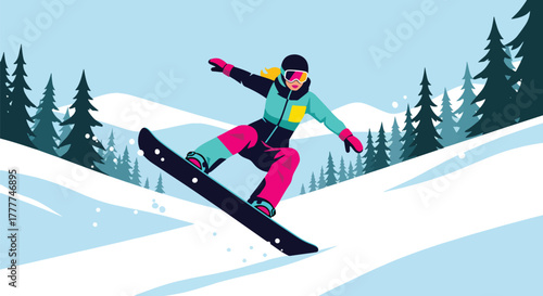 Flat vector of woman snowboarding down snowy hill, fast movement and high-energy winter sports vibe