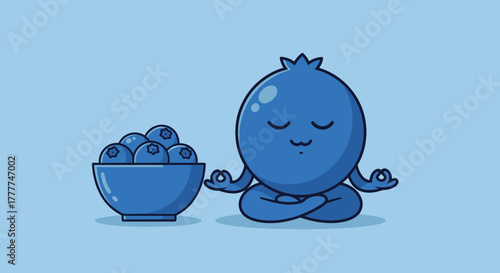 Meditating Blueberry Cartoon Beside a Bowl Filled With Blueberries on a Blue Background