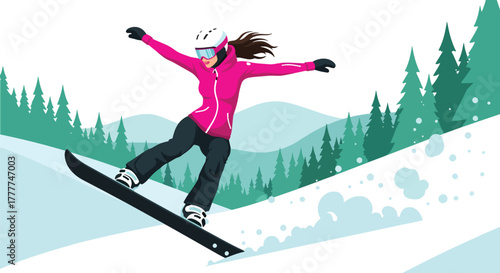 Flat vector of woman snowboarding down snowy hill, fast movement and high-energy winter sports vibe
