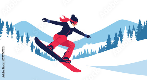 Flat vector of woman snowboarding down snowy hill, fast movement and high-energy winter sports vibe