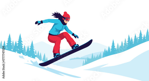 Flat vector of woman snowboarding down snowy hill, fast movement and high-energy winter sports vibe