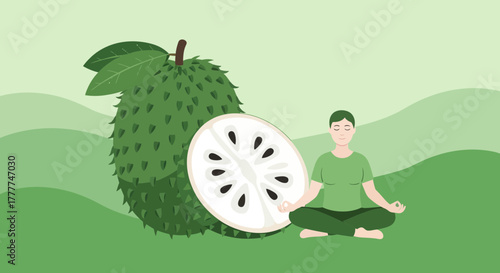 Meditative Scene Featuring Soursop Fruit And A Person In A Peaceful Yoga Pose