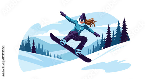 Flat vector of woman snowboarding down snowy hill, fast movement and high-energy winter sports vibe