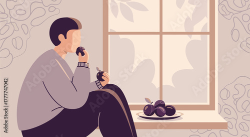 Meditative Scene of a Person Eating, Plums, Contemplating, By a Window, Isolated