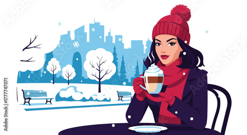 Flat vector of woman drinking hot latte at outdoor café table while snow falls softly, simple peaceful winter moment