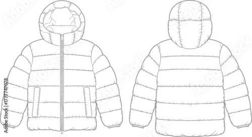 Puffer jacket sketch, quilted design, hooded style, zipper front, elastic cuffs, side pockets, front and back view, vector CAD template