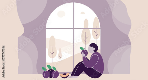 Meditative Scene: Plum-Holding Figure by a Window with Scenic, Outdoors Landscape View