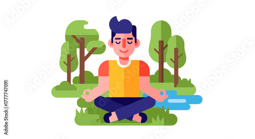 Meditating Man Enjoys Tranquility In Nature While Practicing Calmness Meditation Therapy