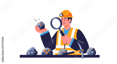Miner Inspecting Precious Minerals Using Magnifying Glass With Pickaxe Next To Rocks