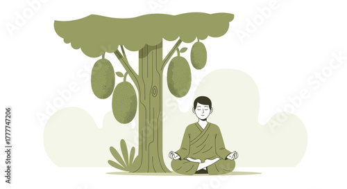 Meditating Under a Fruit Tree, Serenity and Mindfulness in Peaceful Nature