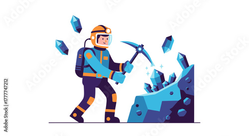 Miner Crushing Sparkling Gems, Finding Stunning Treasures, Collecting Sparkling Crystals