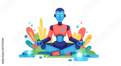 Meditating Robot Illustration in a Botanical Setting of Calmness and Contemplation