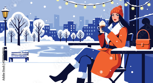 Flat vector of woman drinking hot latte at outdoor café table while snow falls softly, simple peaceful winter moment