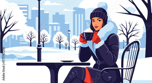 Flat vector of woman drinking hot latte at outdoor café table while snow falls softly, simple peaceful winter moment