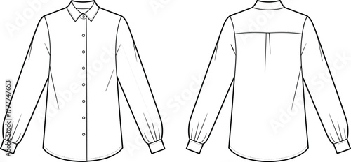 Long sleeve shirt sketch, button-up front, classic collar, gathered cuffs, front and back view, technical fashion CAD, vector garment template