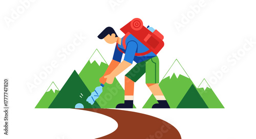 Minimalist Mountaineer Disposing of Waste on Hiking Trail Against Black Backdrop