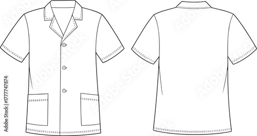 Short sleeve shirt sketch, notched collar, button-up front, patch pockets, visible stitching, front and back view, technical fashion CAD, vector template
