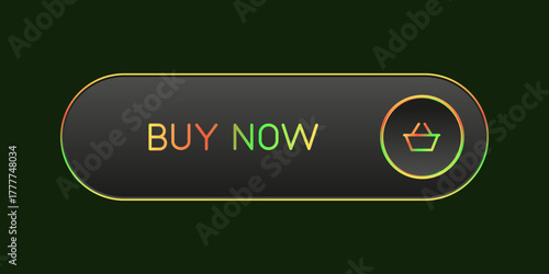 Modern rainbow and black rounded CTA button with shine, "Buy now" text, 3D effect, web UI element for landing pages, mobile apps or banners.
