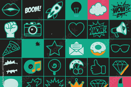 Vibrant pop art icon grid featuring retro comic book style graphics and symbols on a teal and pink background