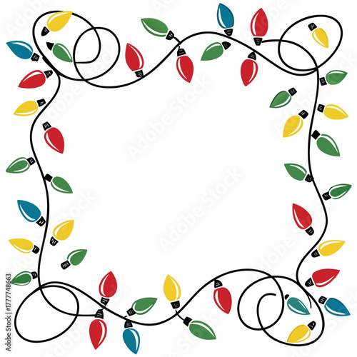 A vibrant square frame made of colorful christmas lights, perfect for adding a festive touch to holiday cards, invitations, and decorations