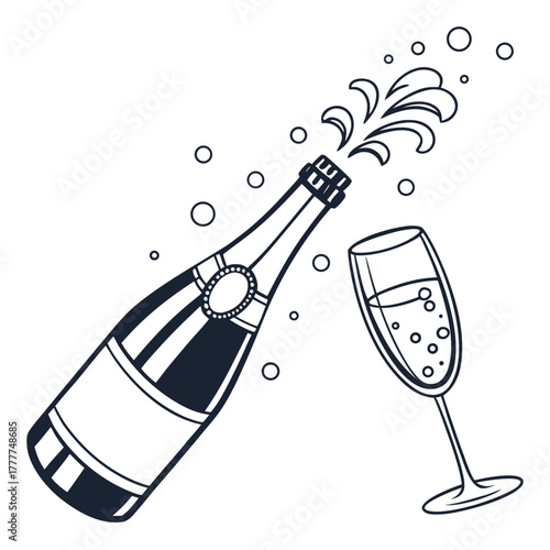 Elevate your designs with this sophisticated line art illustration of a champagne bottle and glass, perfect for adding a touch of celebration and refinement