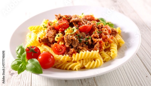 A plate of fusilli pasta is topped with a rich tomato sauce with ground meat, garnished with fresh basil and cherry tomatoes