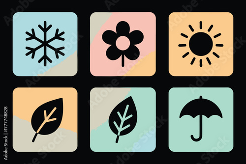 Six distinct flat design icons representing the four seasons and weather conditions on a dark background