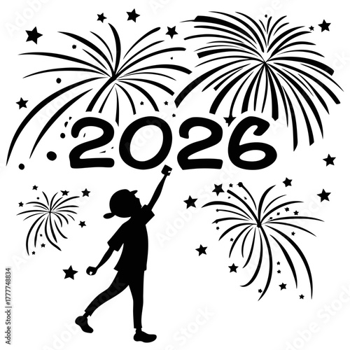 A child reaching for the year 2026 amidst fireworks, symbolizing aspirations and celebrations for the future, it represents hope and excitement for the upcoming year