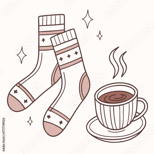 Cozy winter scene with warm socks and a cup of hot chocolate