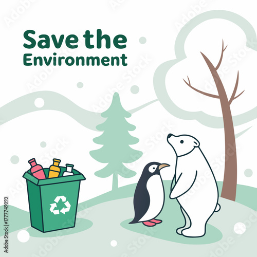 Illustration promoting environmental conservation with a polar bear, penguin, and recycling bin in a snowy landscape, encouraging responsible waste disposal