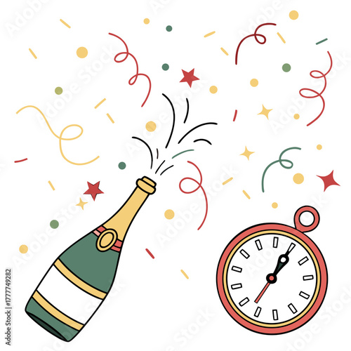 Champagne bottle popping with confetti and clock