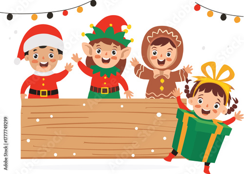 Christmas kids costume vector, festive holiday illustration, Santa and elf outfits, gingerbread child, gift box design, winter celebration scene