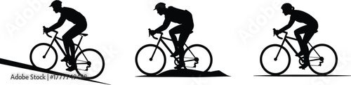 Cycling silhouette vector, uphill bike rider, outdoor activity illustration, flat terrain cyclist,  sports motion graphic, fitness concept, black silhouette art