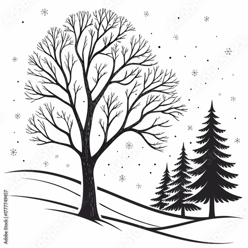 A picturesque winter scene illustration showcasing a bare tree, snowcovered hills, and evergreen trees, creating a serene and seasonal atmosphere