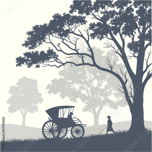 Silhouette of a rickshaw puller with passenger under a tree