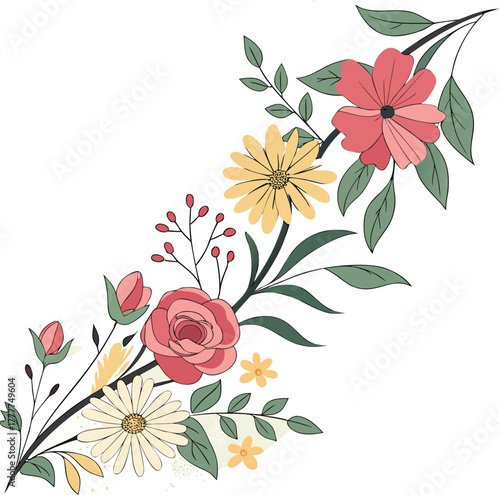 Watercolor mixed floral garland design with botanical elements