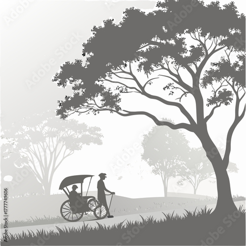 Silhouette of a rickshaw puller with passenger under a tree