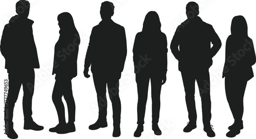 Group silhouette vector, diverse people standing, black figure illustration, social identity concept, anonymous crowd design, minimal human posture artwork