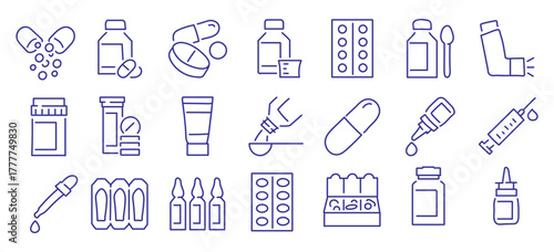 Pharmaceutical dosage forms editable stroke outline icon isolated on white background flat vector illustration. Pixel perfect. 64 x 64.