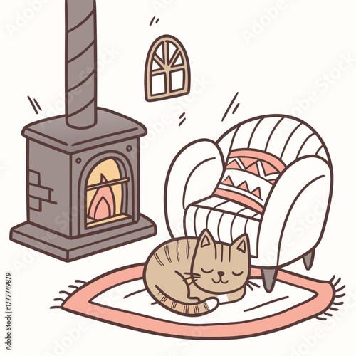 A cozy scene featuring a cat curled up on a rug in front of a fireplace and armchair, creating a warm and inviting atmosphere