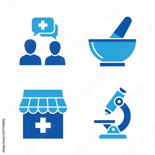 Medical and pharmaceutical industry vector icons depicting patient interaction, drug creation, pharmacy business, and scientific investigation