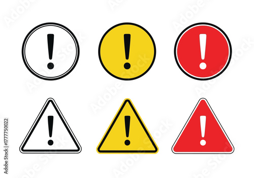 Collection of various danger and caution signs with exclamation marks, indicating critical alerts and important notifications for safety awareness
