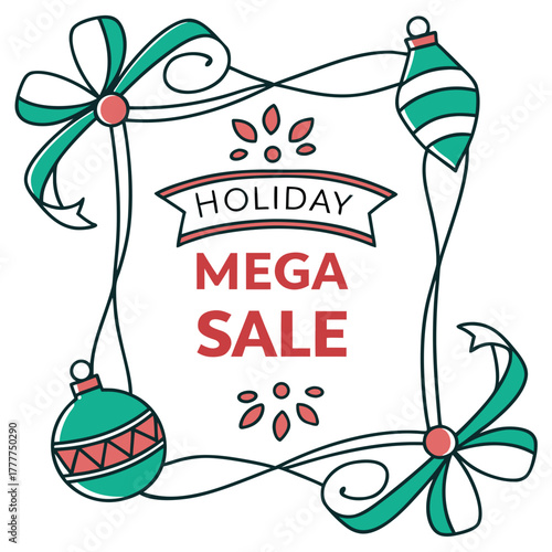 Holiday mega sale banner with christmas ornaments