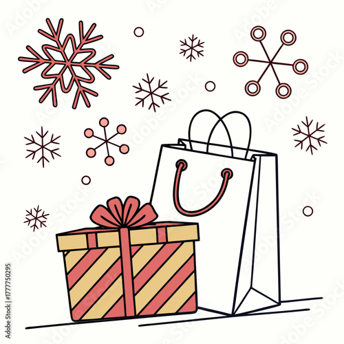 Gift box and shopping bag with snowflakes