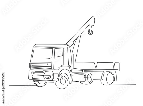 Towed car service in single outline illustration. Continuous line art drawing of evacuation car tow truck.